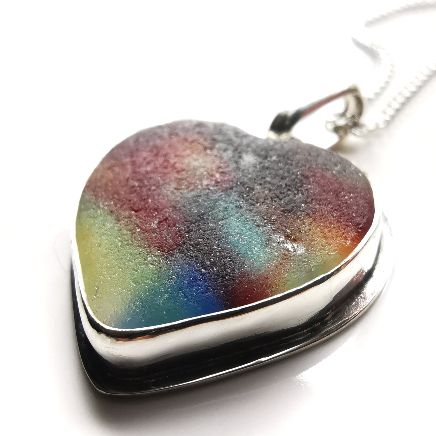 Scottish multi coloured sea glass heart & sterling silver pendant.