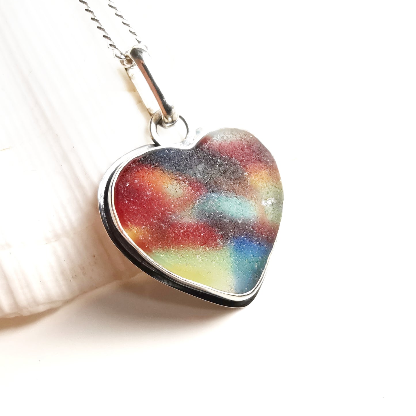 Scottish multi coloured sea glass heart & sterling silver pendant.