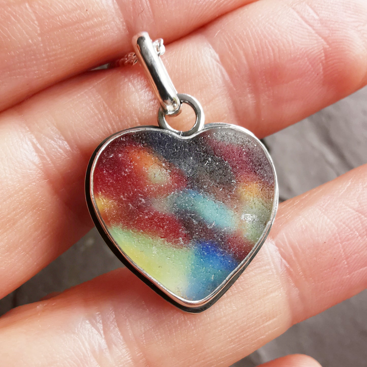 Scottish multi coloured sea glass heart & sterling silver pendant.