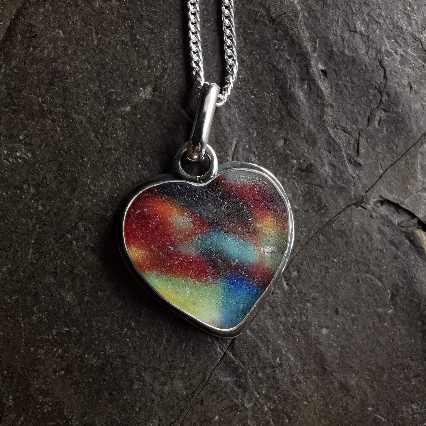 Scottish multi coloured sea glass heart & sterling silver pendant.