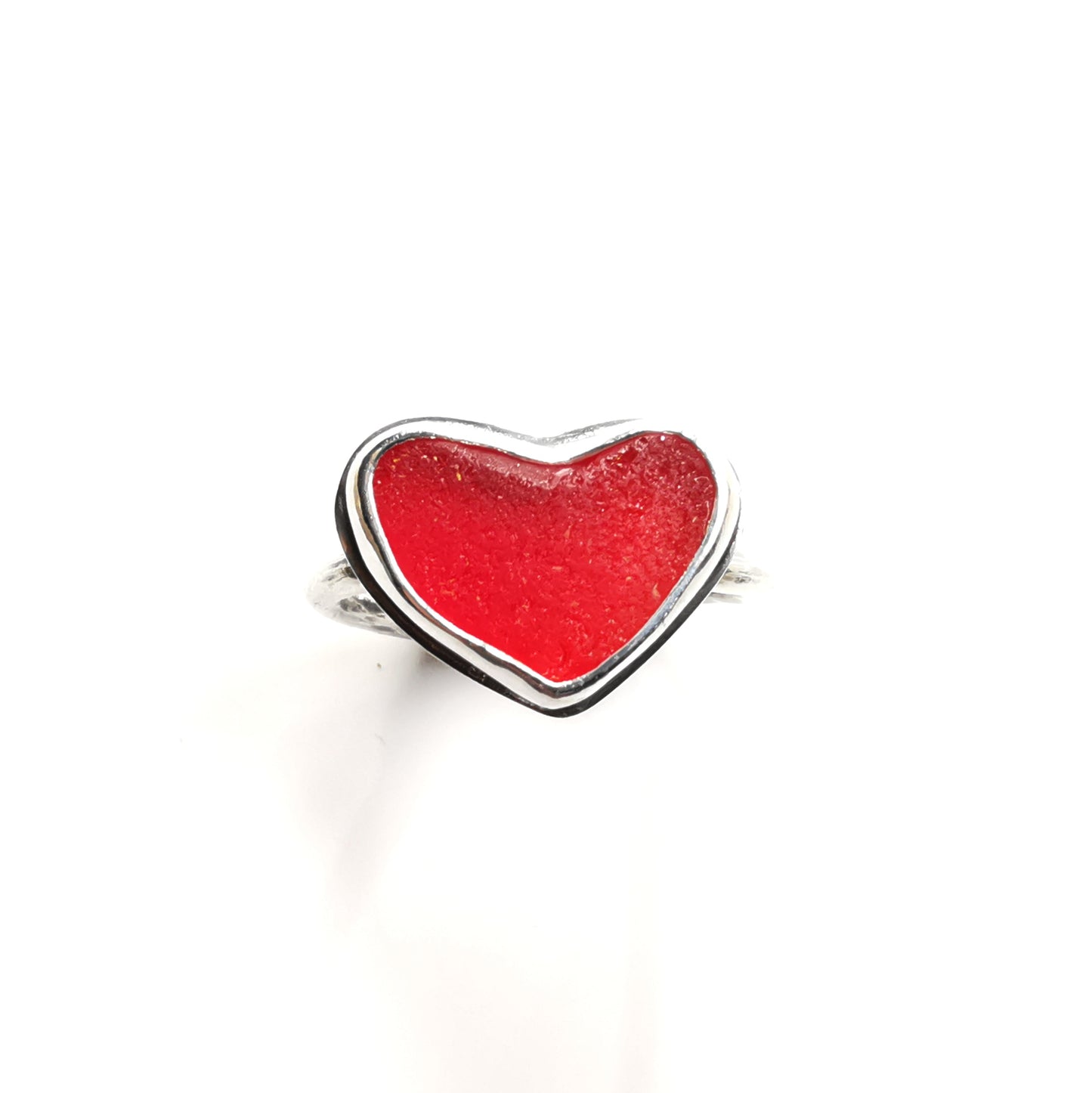 Red UV sea glass heart & sterling silver adjustable ring.