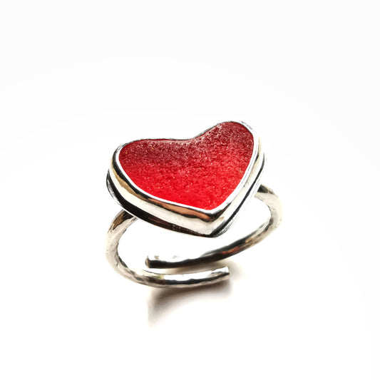 Red UV sea glass heart & sterling silver adjustable ring.