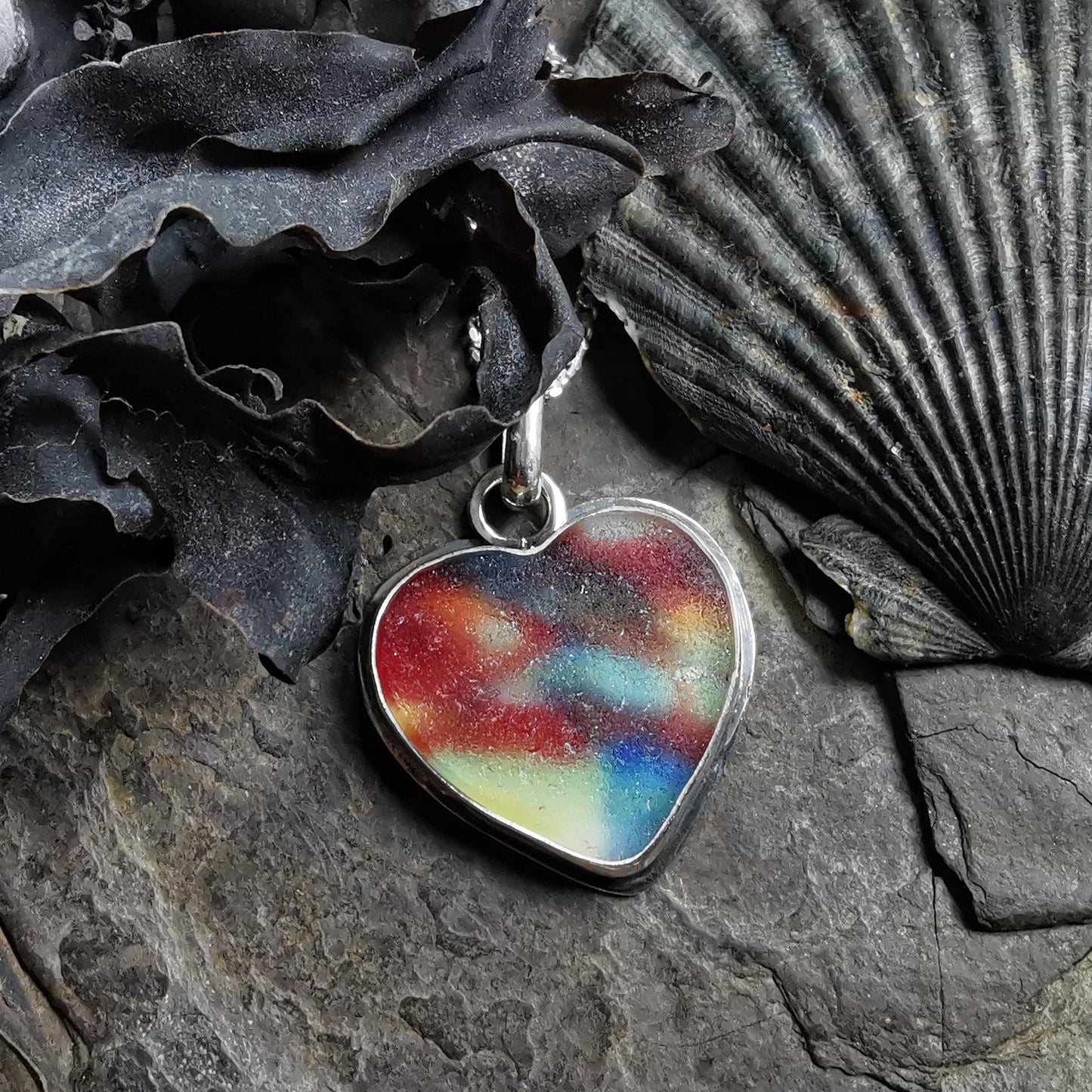 Scottish multi coloured sea glass heart & sterling silver pendant.