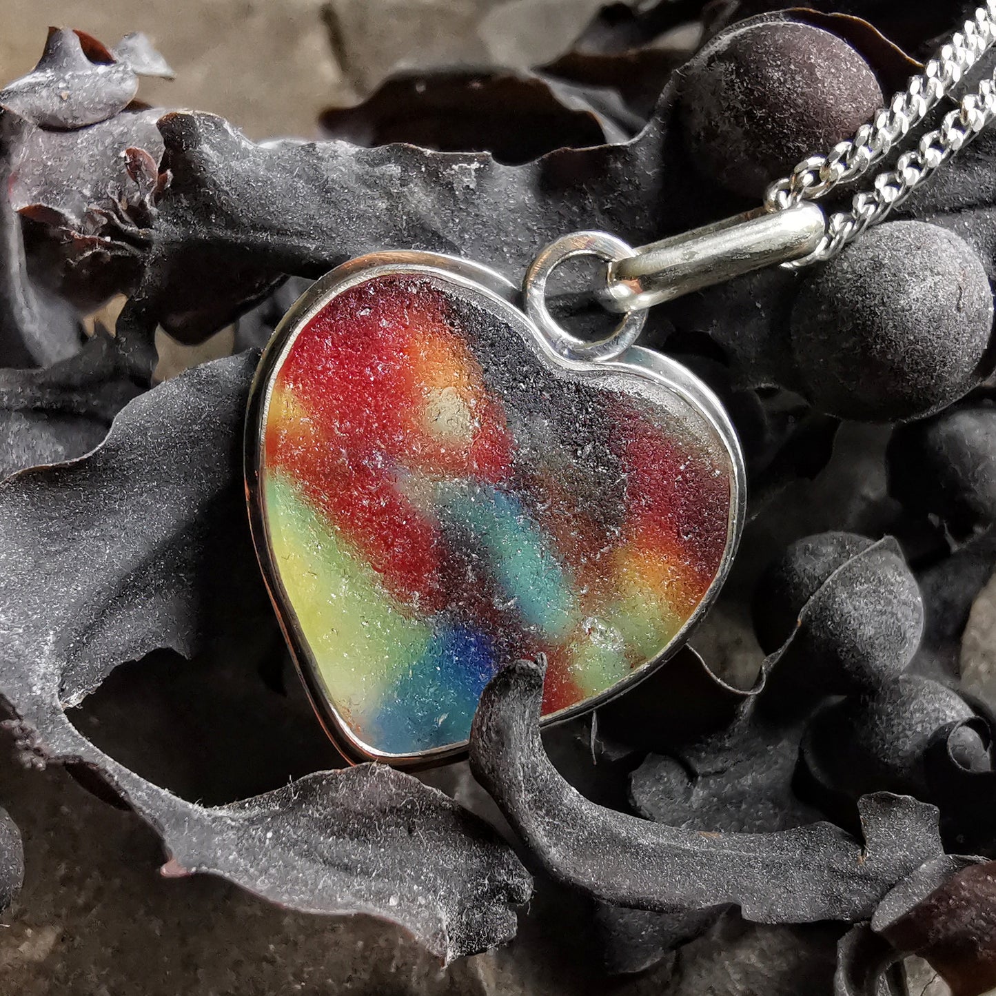 Scottish multi coloured sea glass heart & sterling silver pendant.