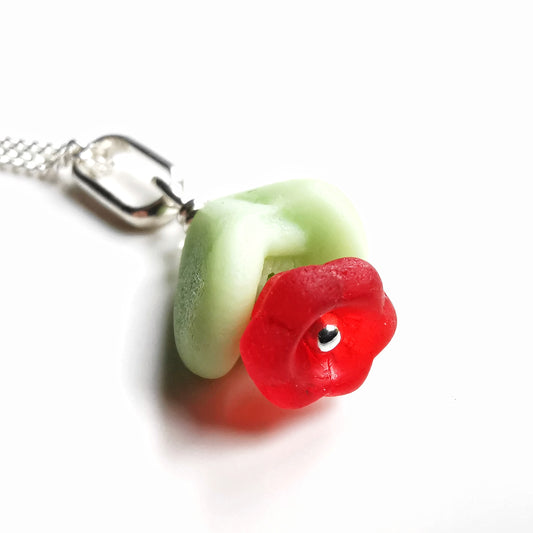 Scottish red and green flower sea glass beads & sterling silver necklace.