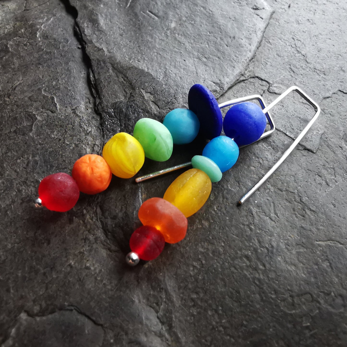 Genuine Scottish rainbow sea glass beads & sterling silver earrings.