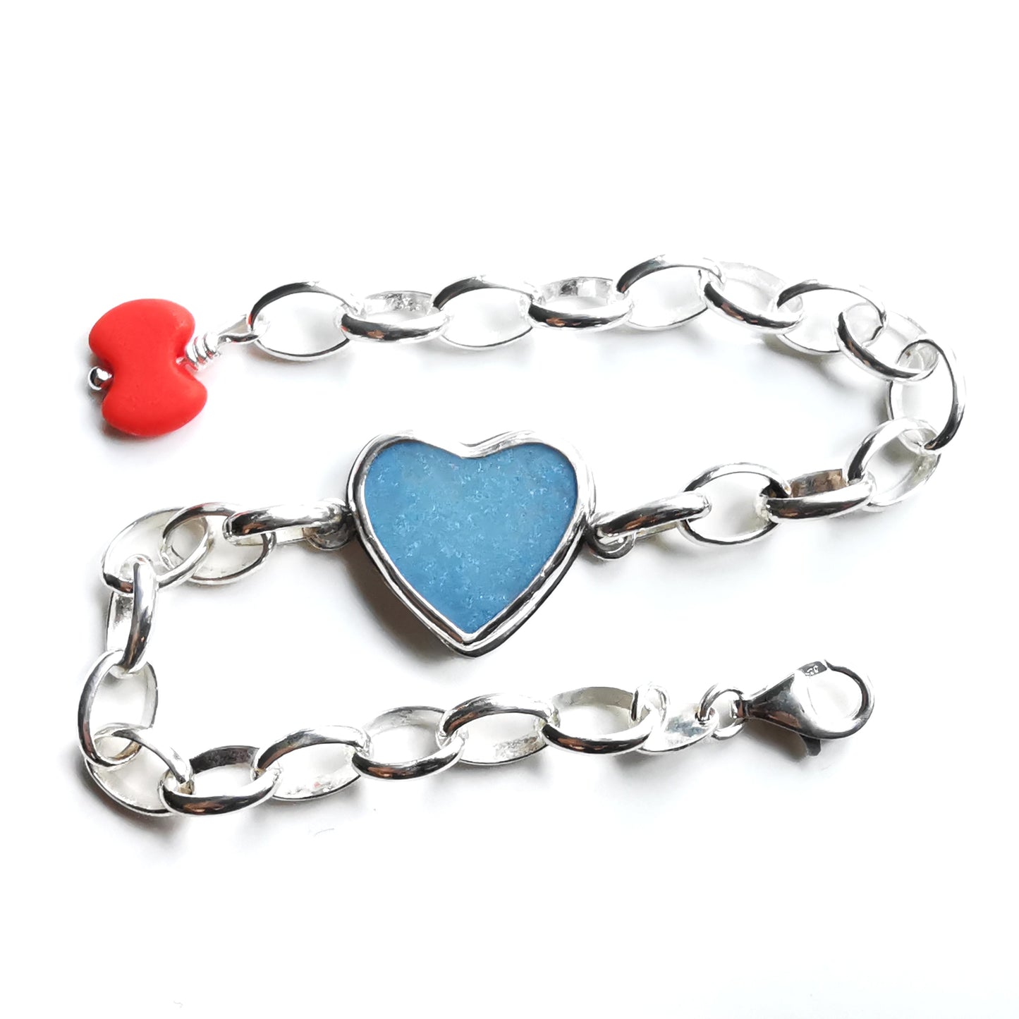 Blue sea glass heart & sterling silver bracelet.