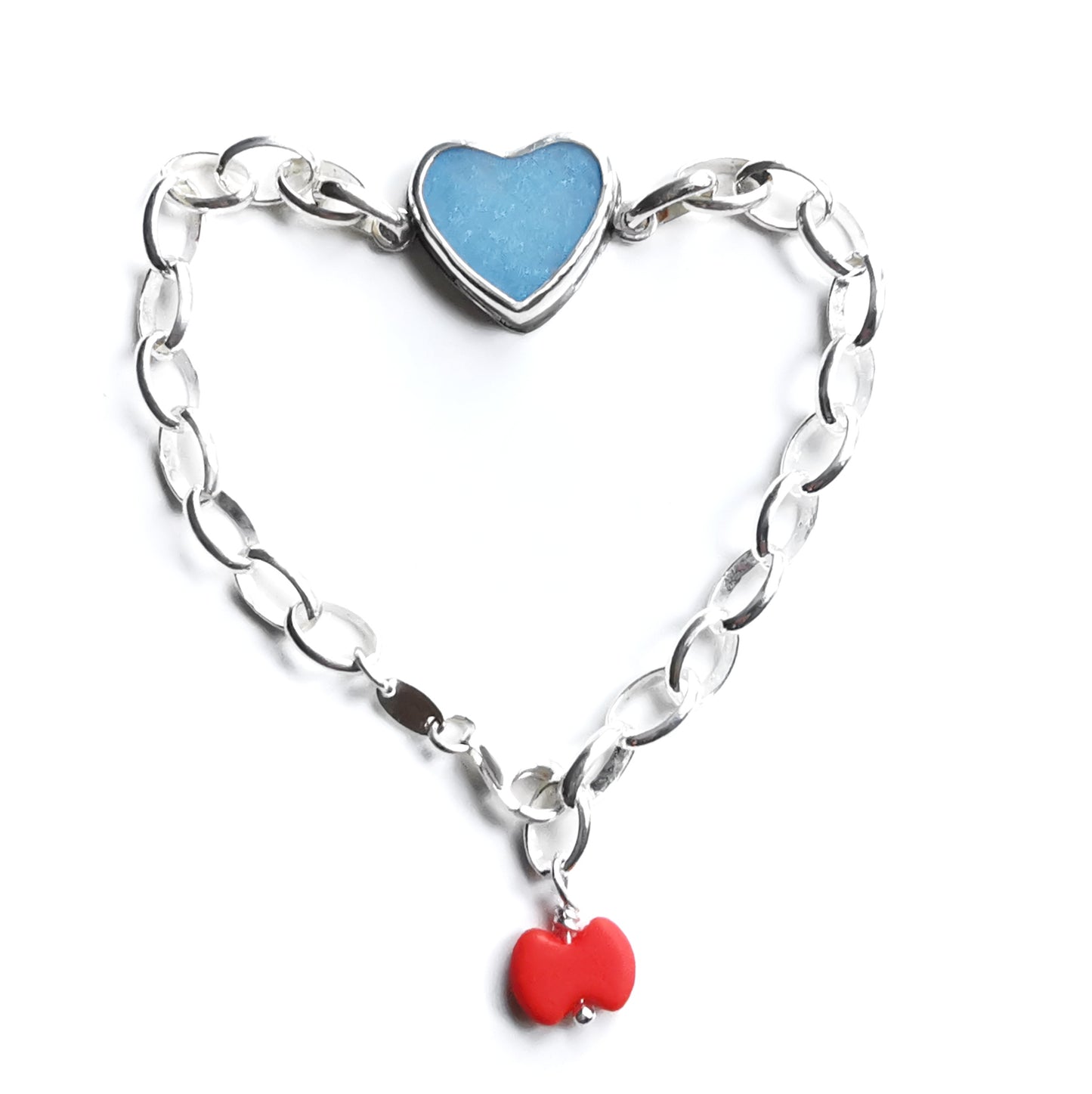 Blue sea glass heart & sterling silver bracelet.