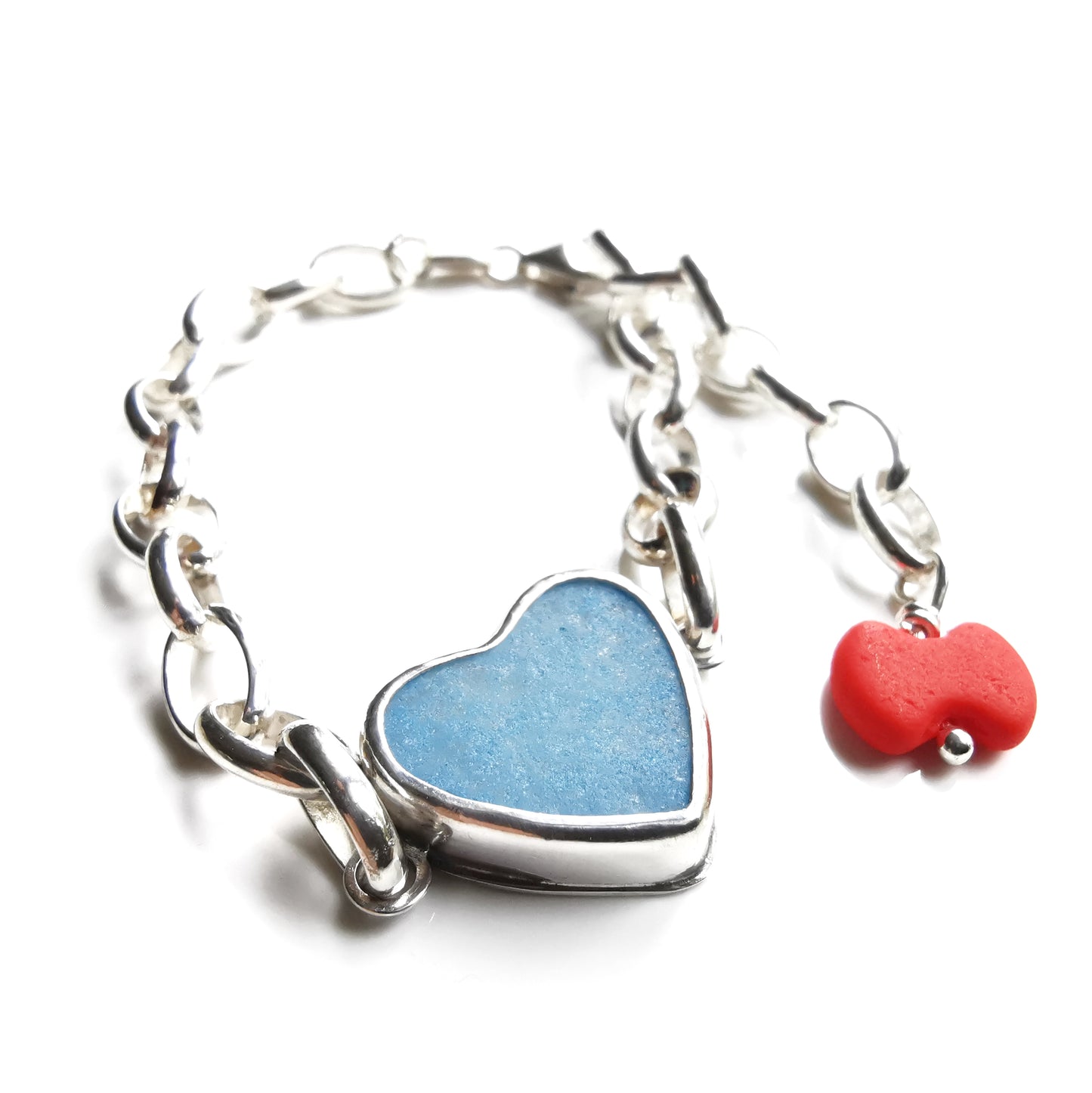 Blue sea glass heart & sterling silver bracelet.