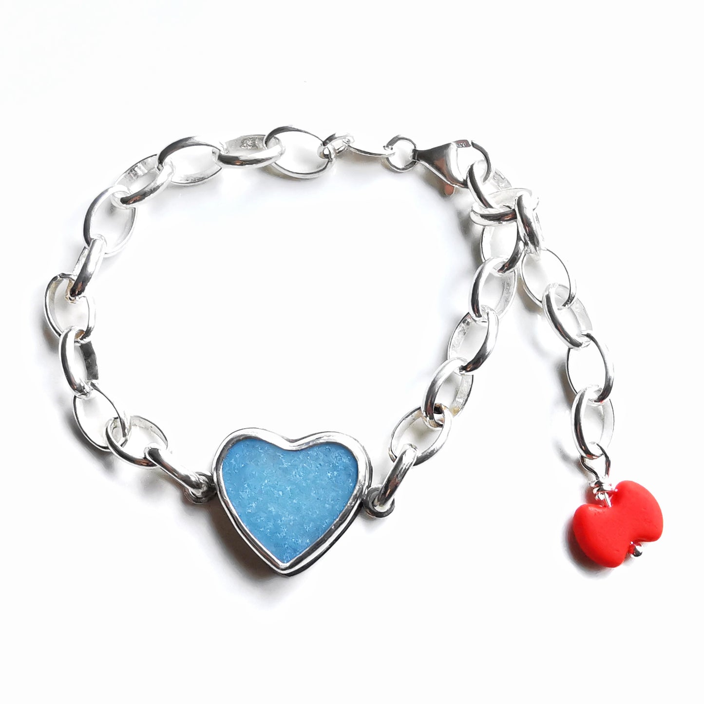 Blue sea glass heart & sterling silver bracelet.