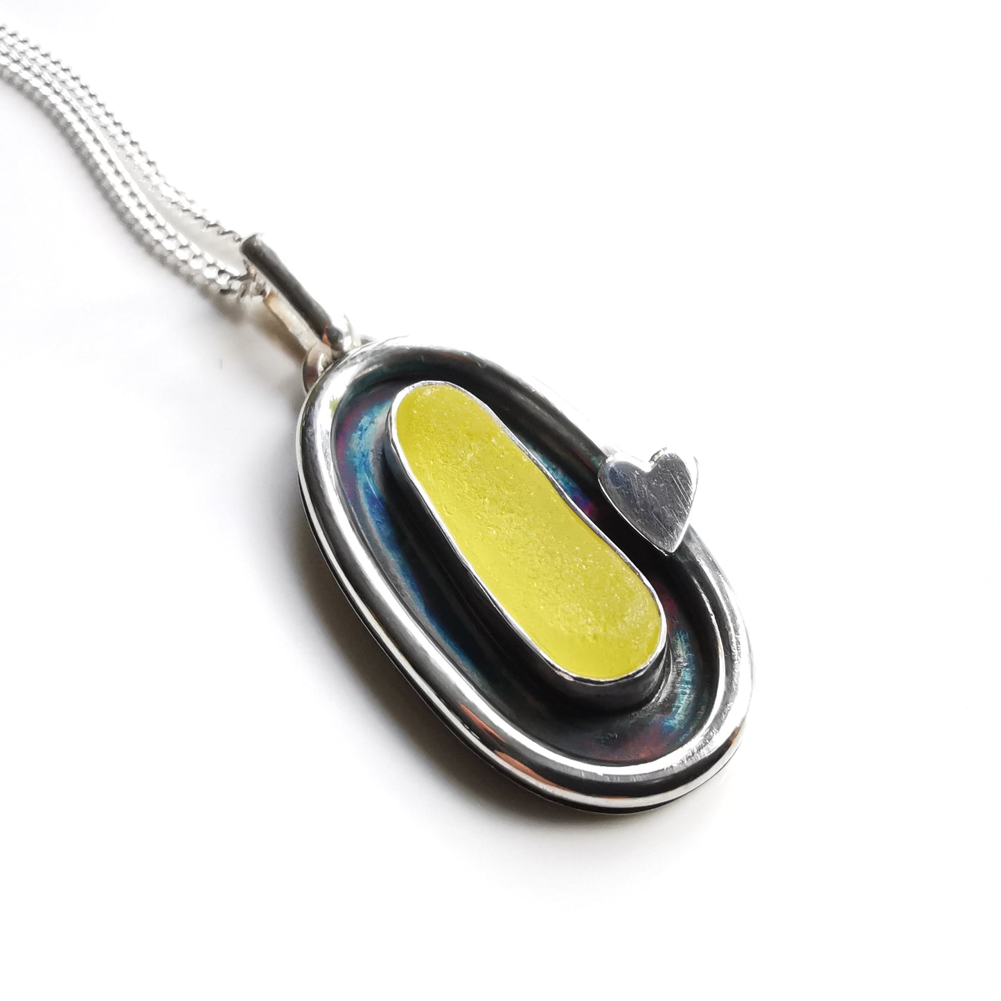 Scottish yellow UV sea glass & sterling silver pendant.