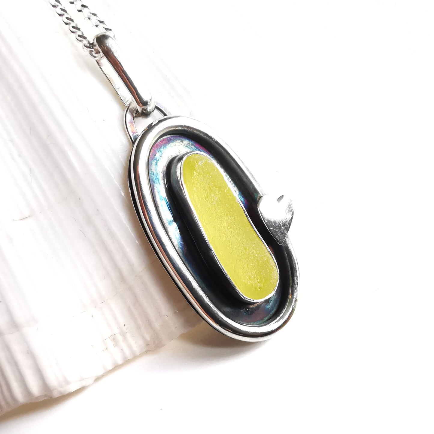 Scottish yellow UV sea glass & sterling silver pendant.