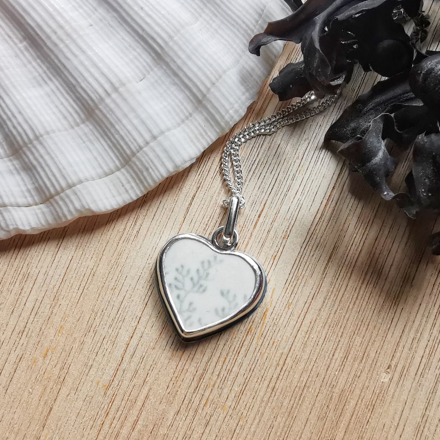 Scottish seaweed pattern beach pottery & sterling silver pendant.