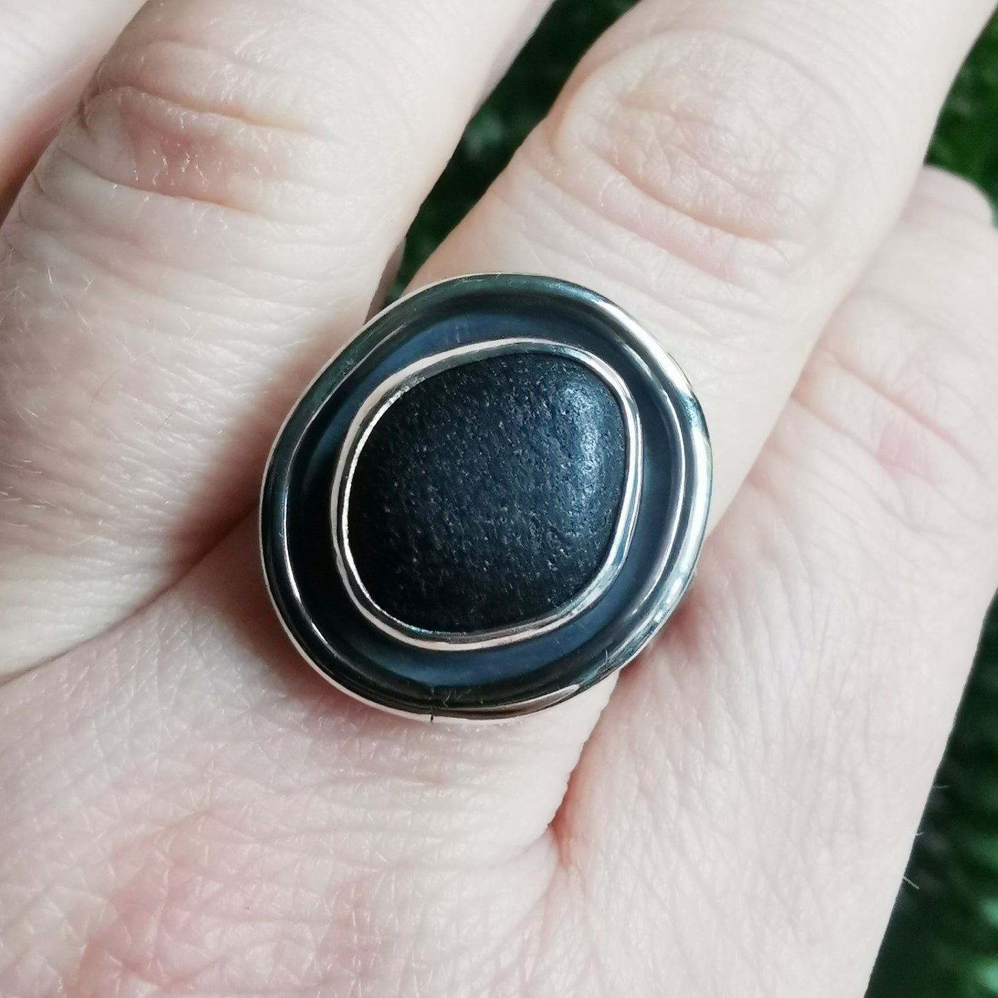 Black Scottish sea glass & sterling silver ring.