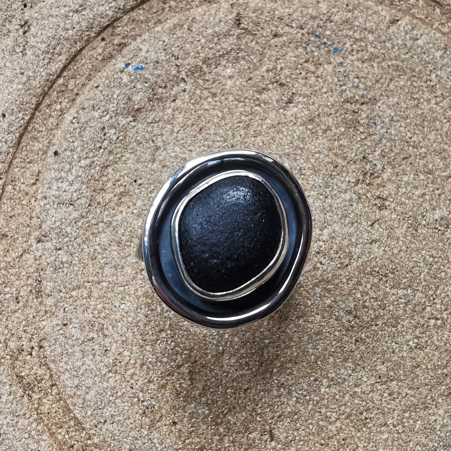 Black Scottish sea glass & sterling silver ring.