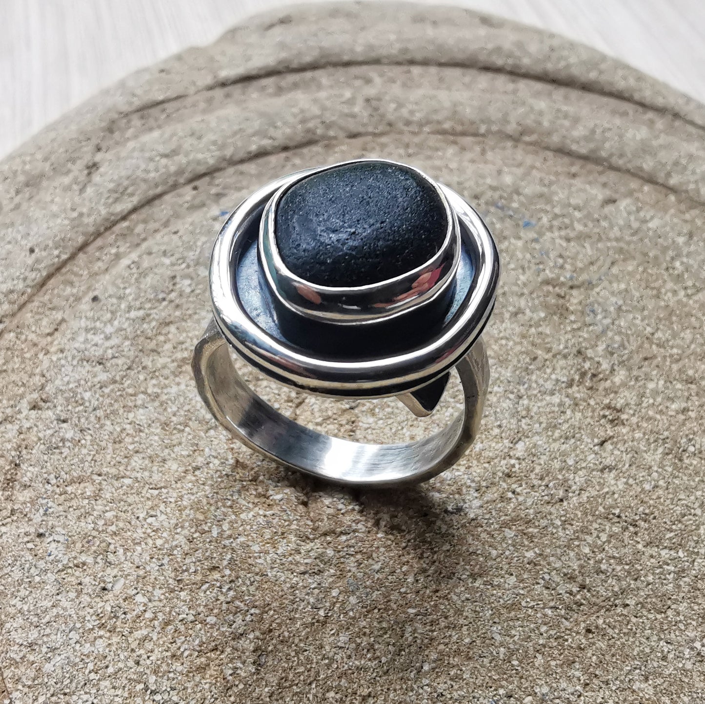 Black Scottish sea glass & sterling silver ring.