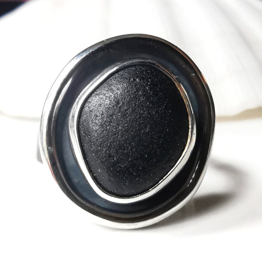 Black Scottish sea glass & sterling silver ring.