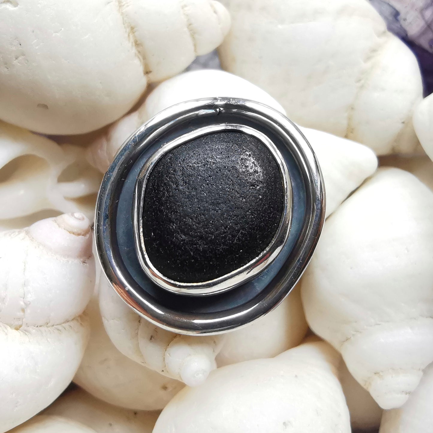 Black Scottish sea glass & sterling silver ring.