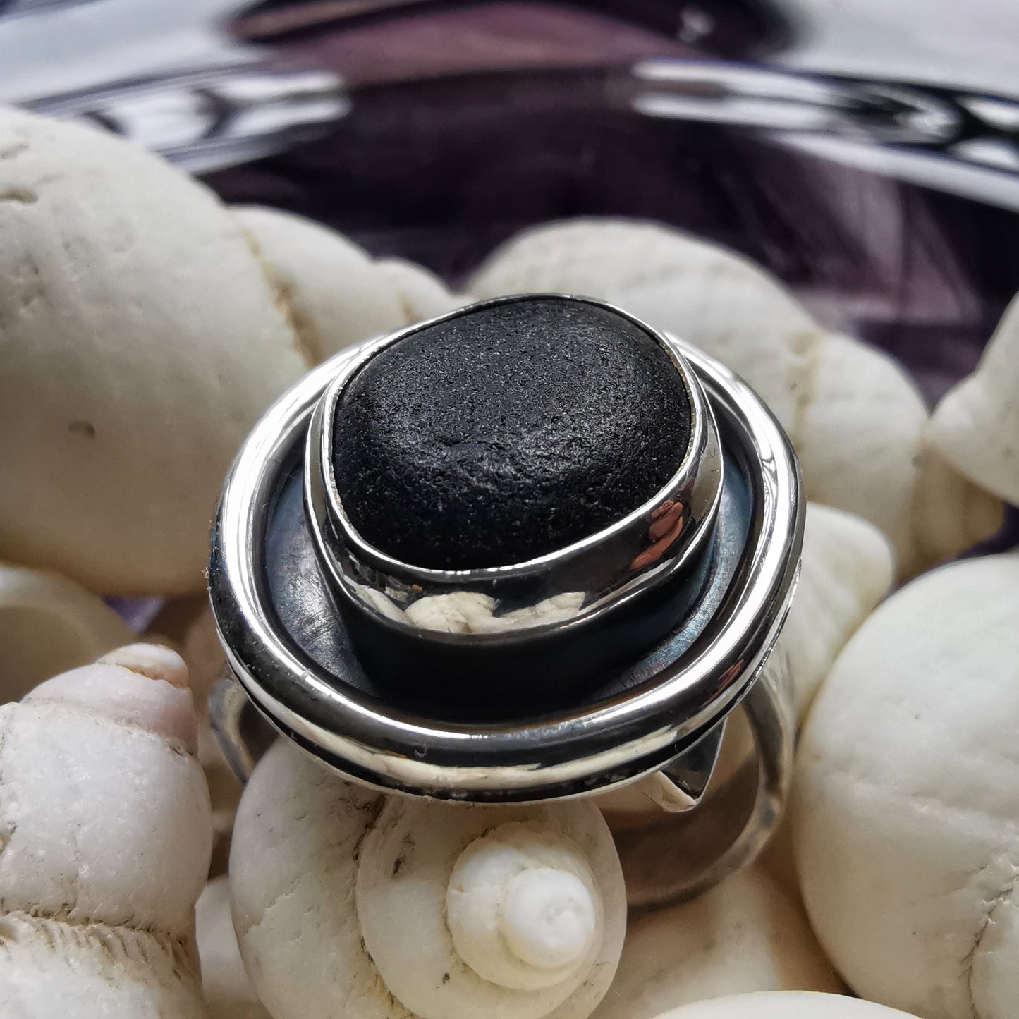 Black Scottish sea glass & sterling silver ring.