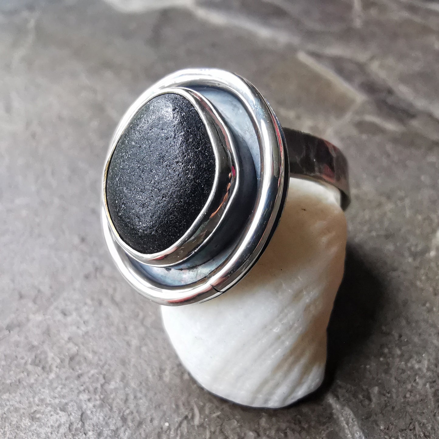 Black Scottish sea glass & sterling silver ring.