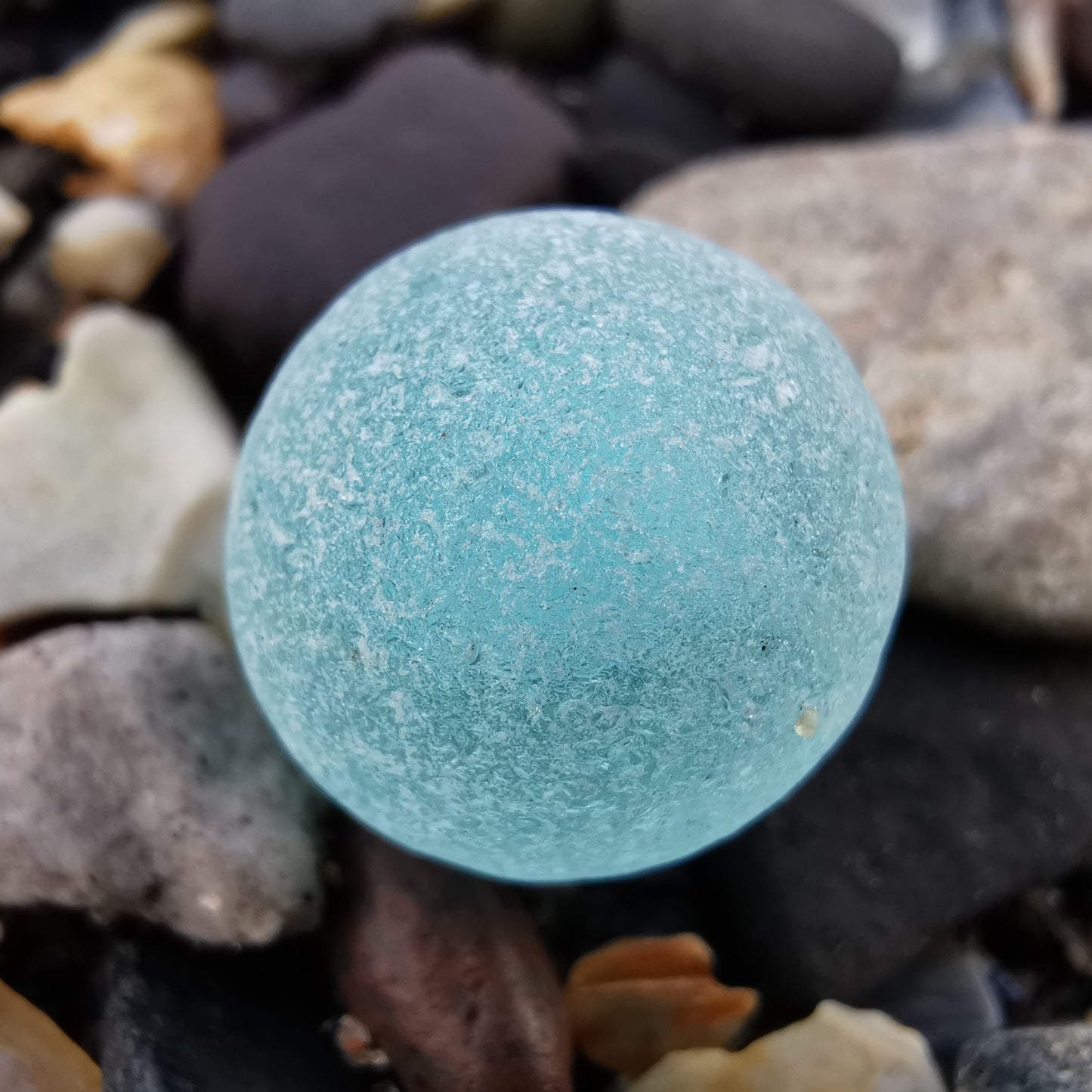 Scottish light aqua blue sea glass marble & sterling silver pendant.