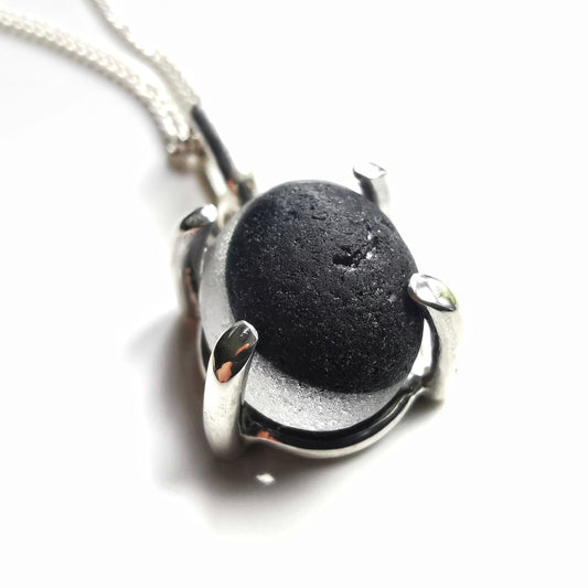 Seaham black and clear multi sea glass & sterling silver pendant.