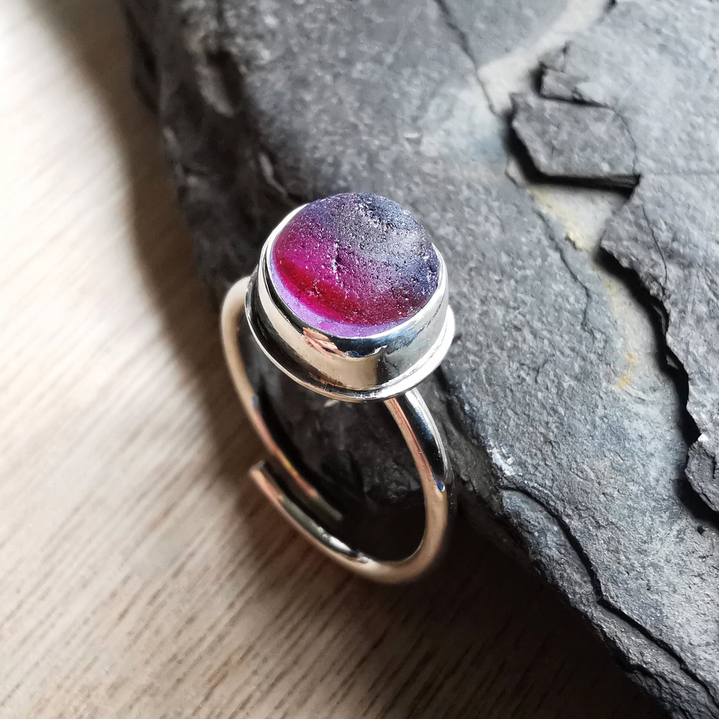 Pink and purple Seaham multi sea glass & sterling silver adjustable ring.
