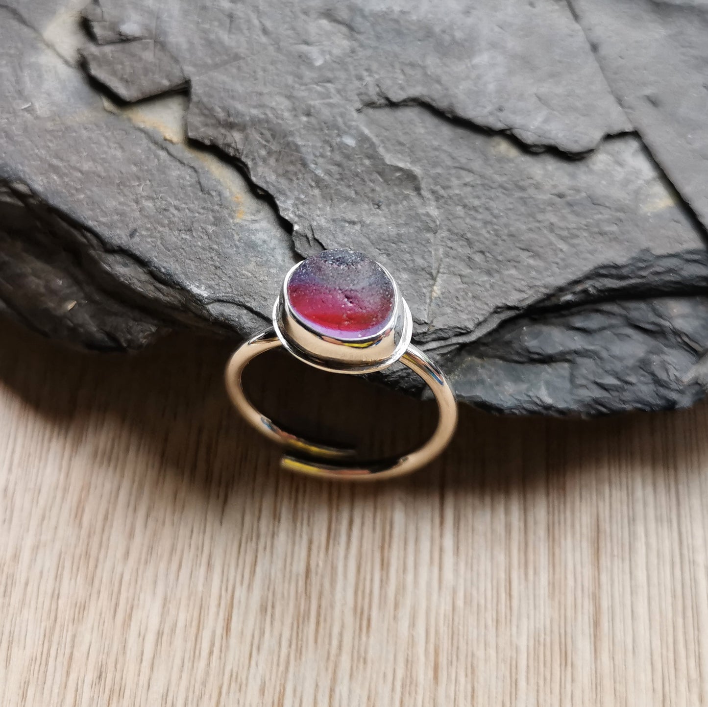 Pink and purple Seaham multi sea glass & sterling silver adjustable ring.