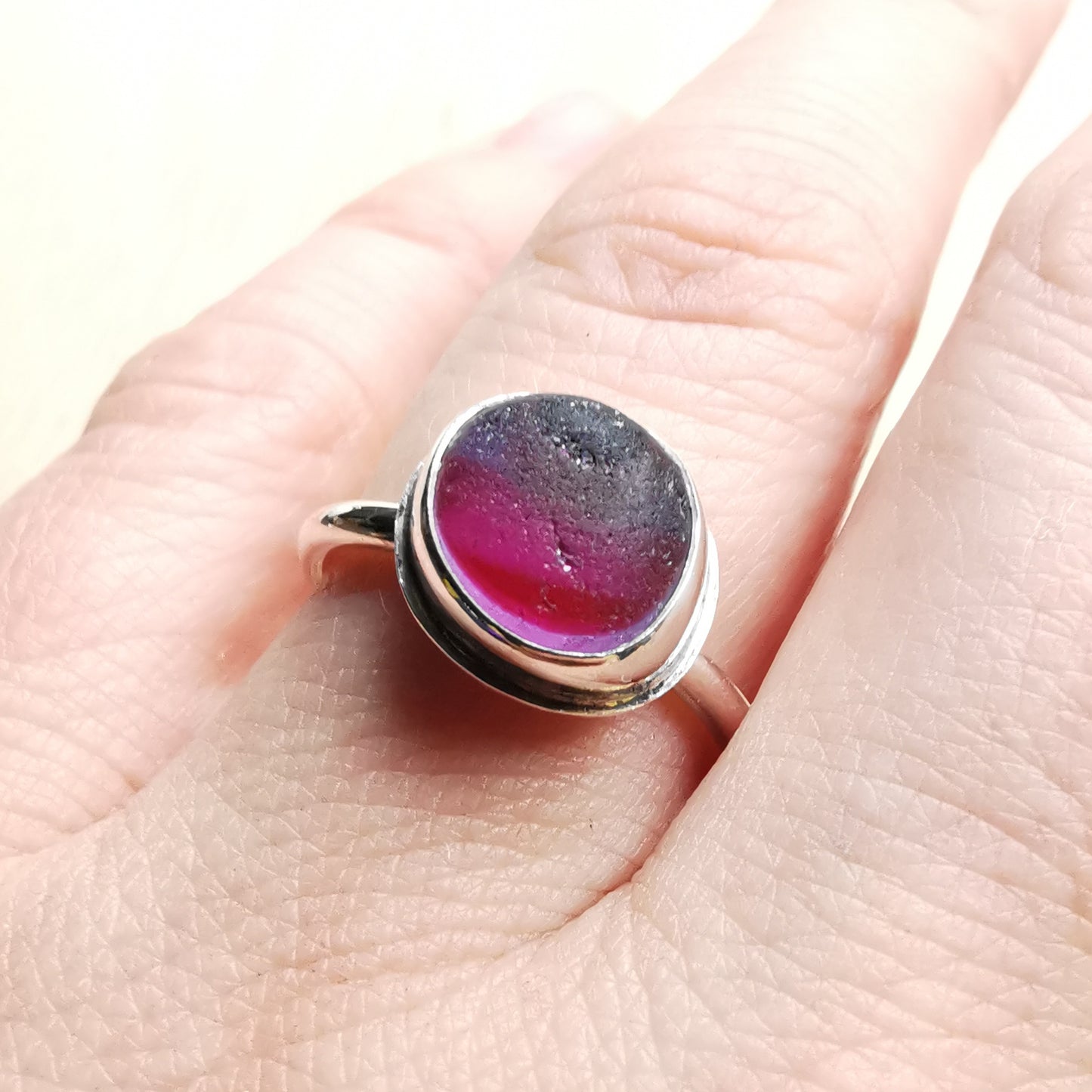 Pink and purple Seaham multi sea glass & sterling silver adjustable ring.
