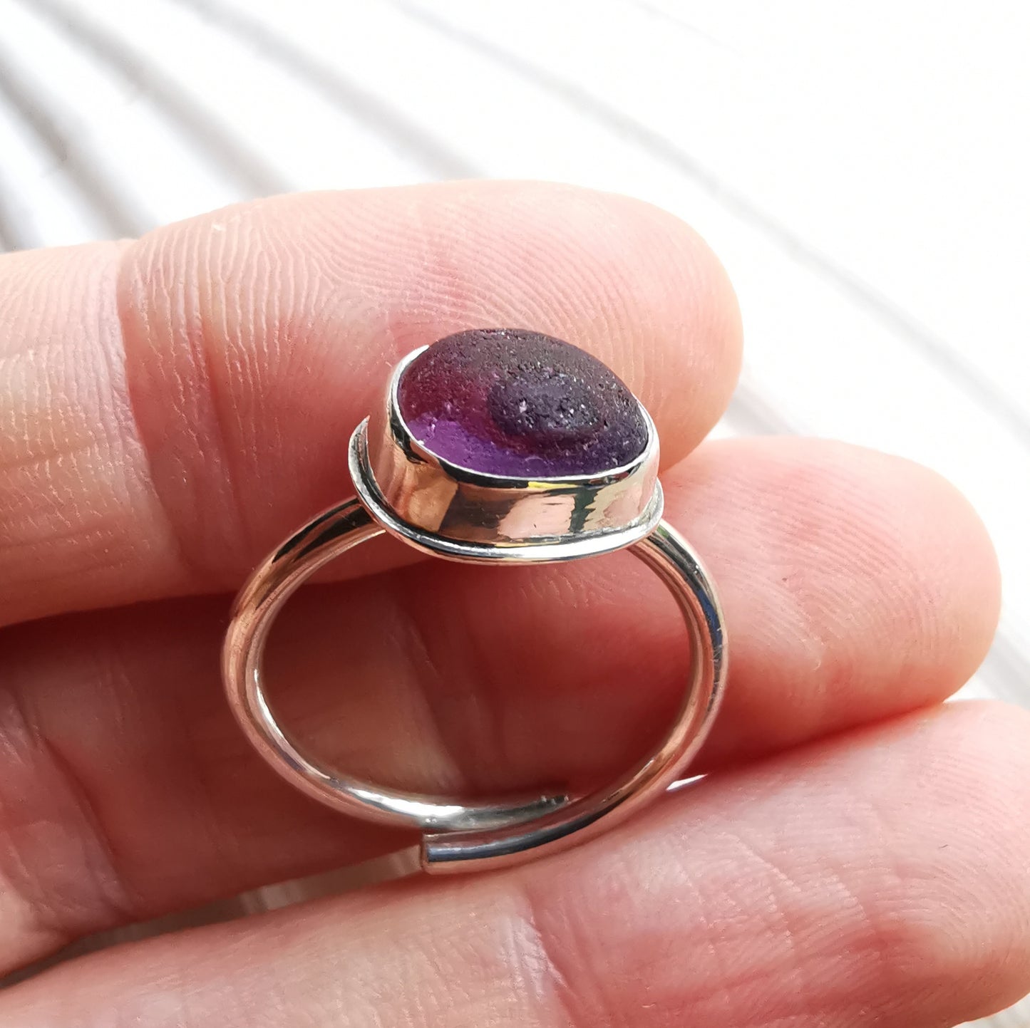 Pink and purple Seaham multi sea glass & sterling silver adjustable ring.