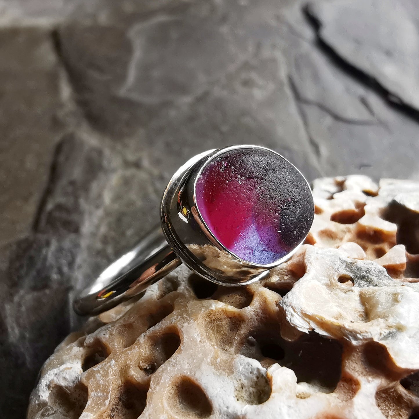 Pink and purple Seaham multi sea glass & sterling silver adjustable ring.