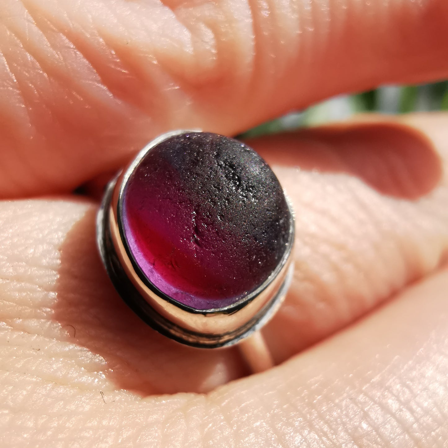 Pink and purple Seaham multi sea glass & sterling silver adjustable ring.
