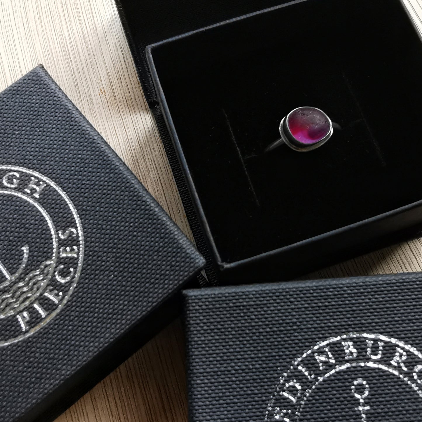 Pink and purple Seaham multi sea glass & sterling silver adjustable ring.