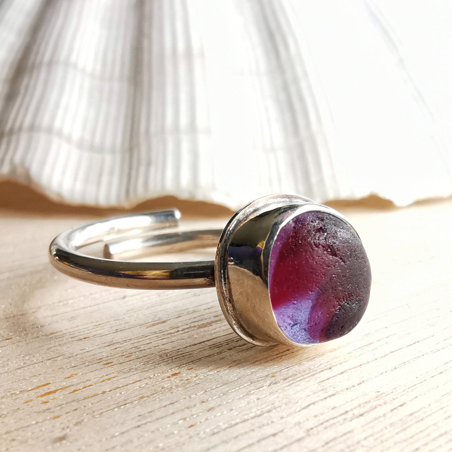 Pink and purple Seaham multi sea glass & sterling silver adjustable ring.