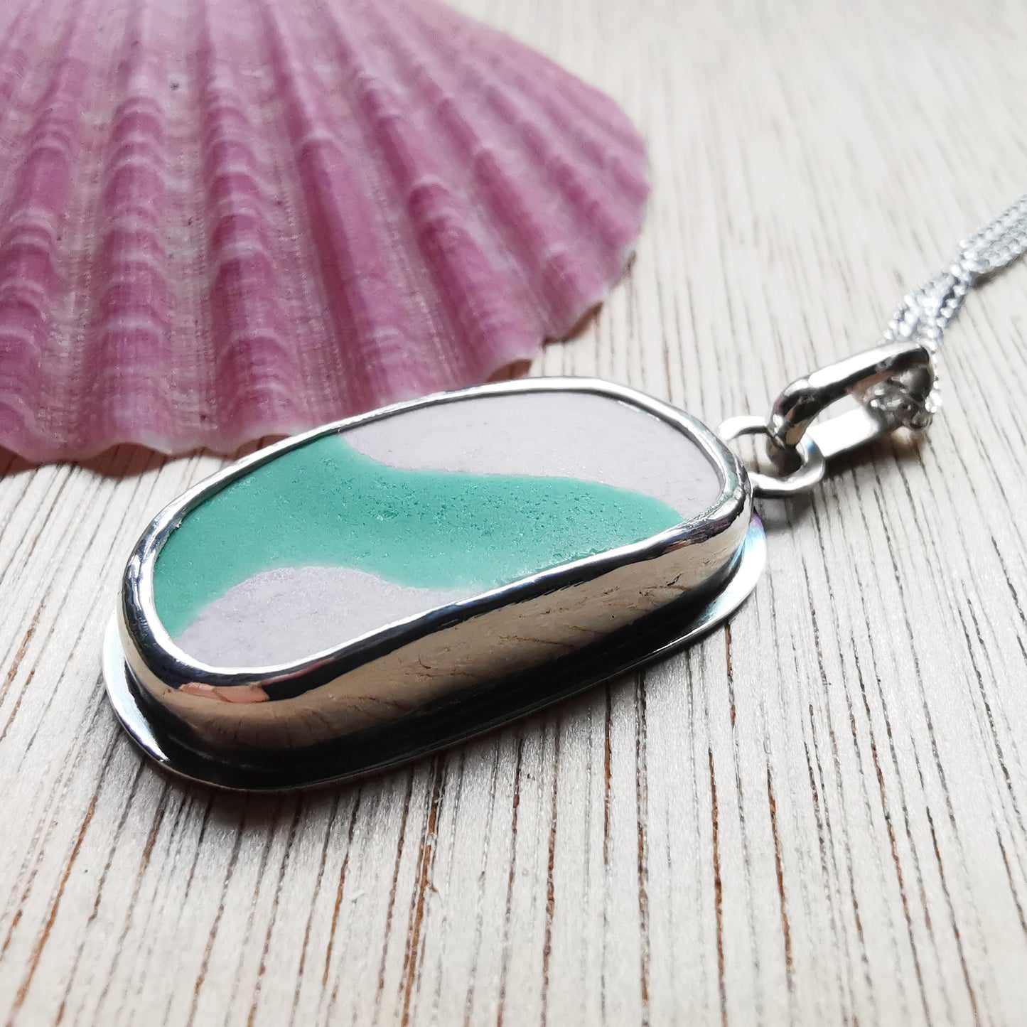 Scottish teal and pink 'vitamin sea' pottery & sterling silver pendant.