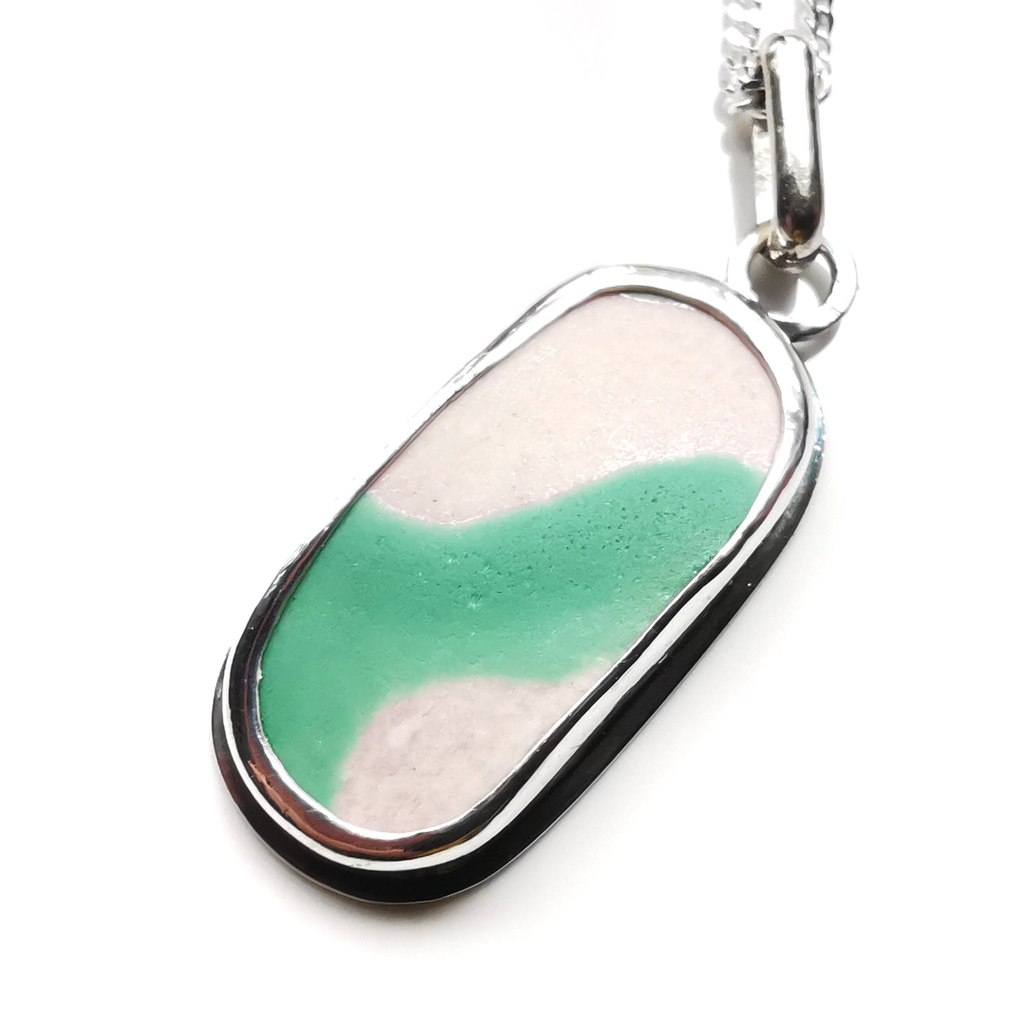 Scottish teal and pink 'vitamin sea' pottery & sterling silver pendant.