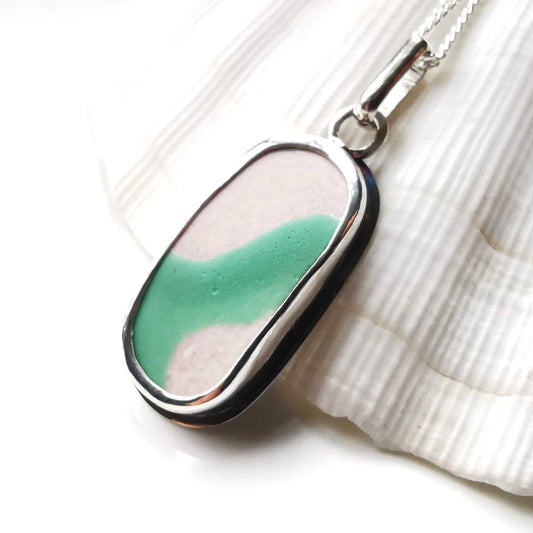 Scottish teal and pink 'vitamin sea' pottery & sterling silver pendant.