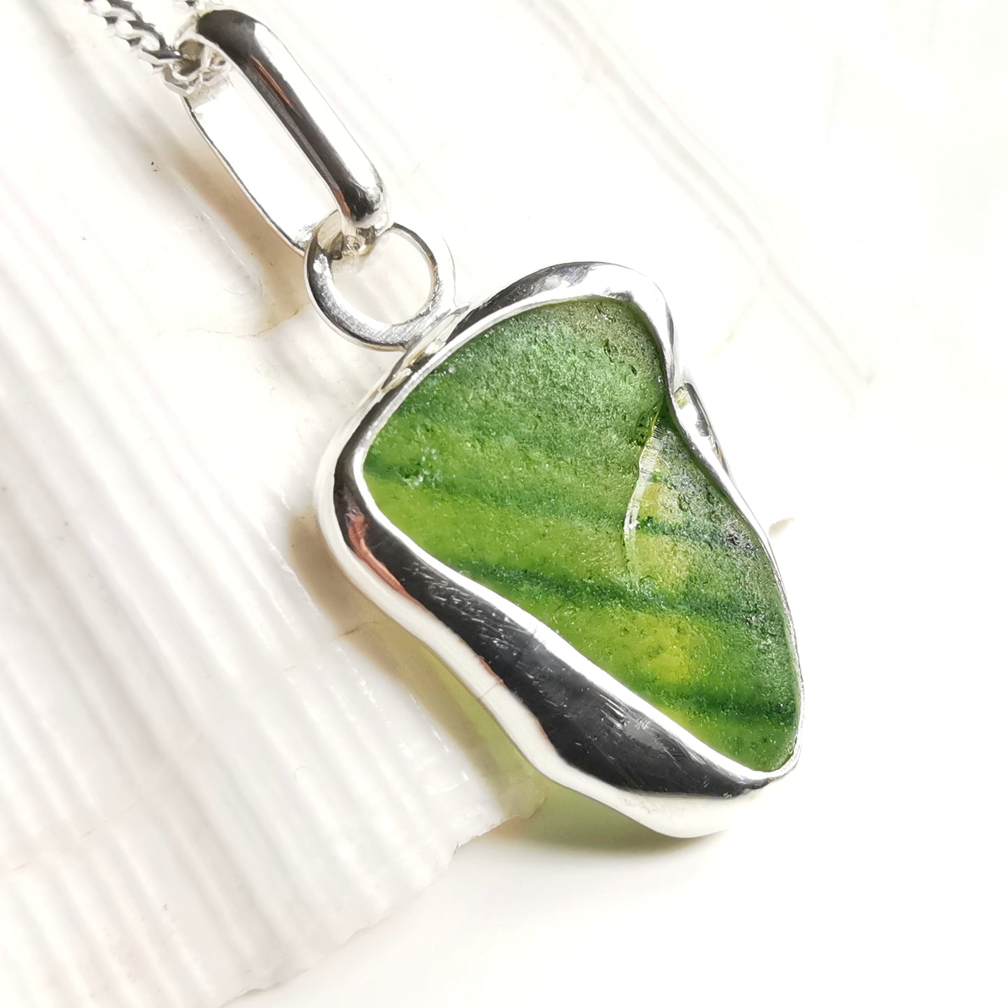 Scottish green sea glass & sterling silver pendant.