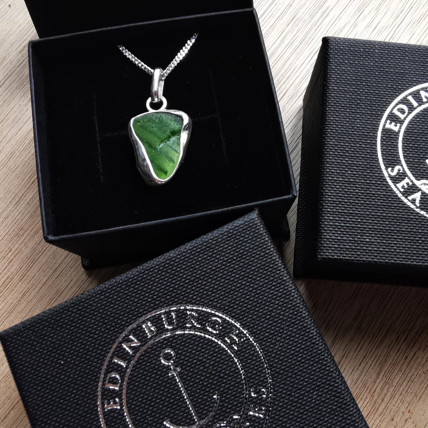 Scottish green sea glass & sterling silver pendant.