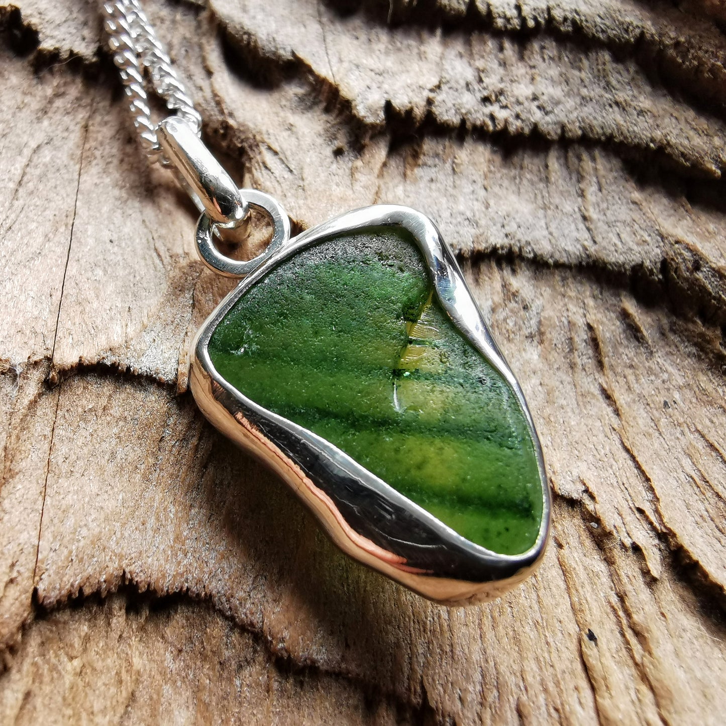 Scottish green sea glass & sterling silver pendant.