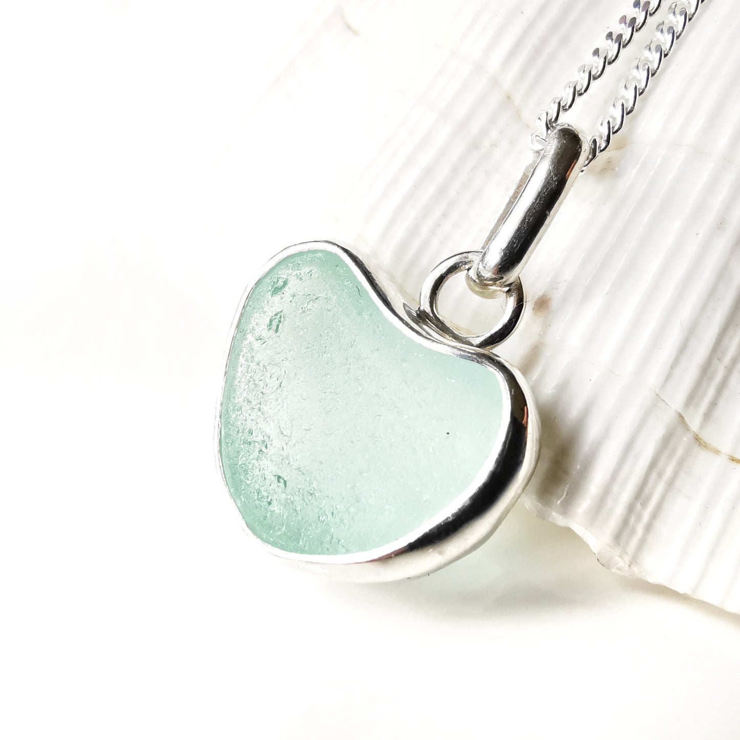 Genuine Scottish sea foam sea glass heart & sterling silver pendant.