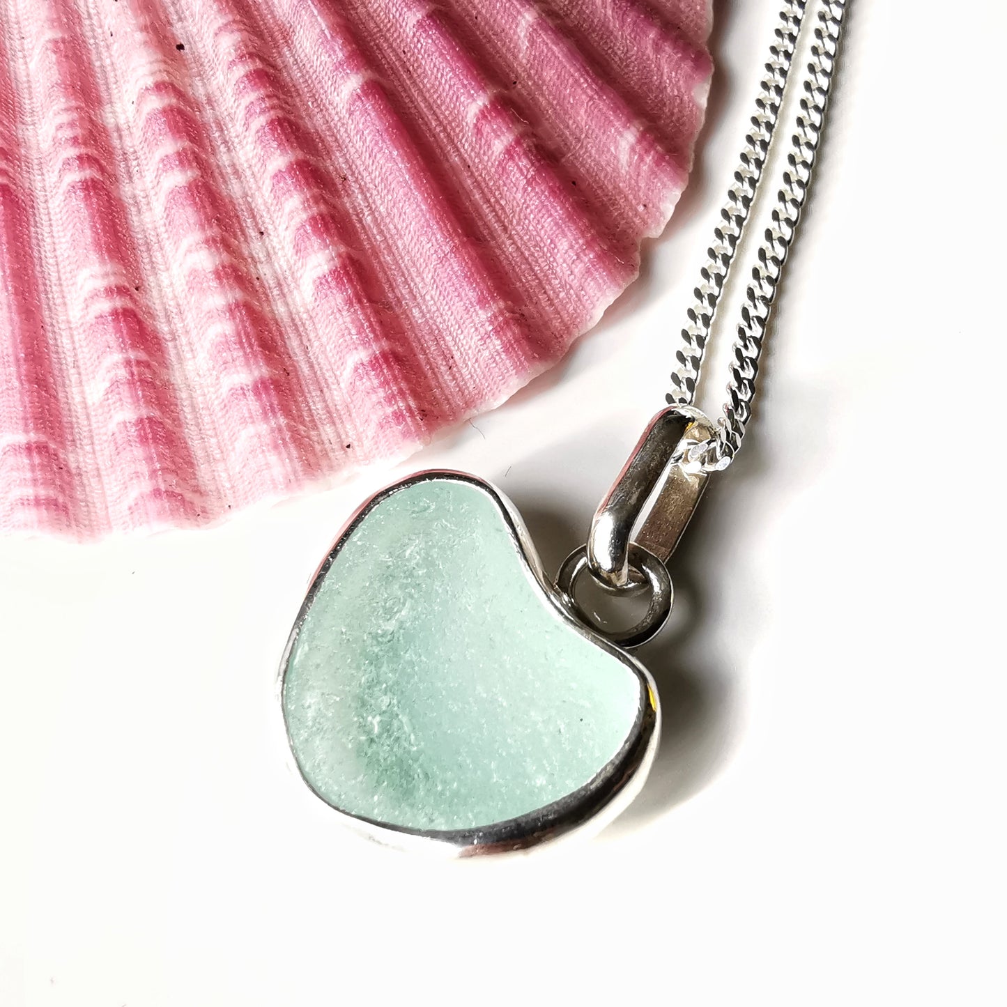 Genuine Scottish sea foam sea glass heart & sterling silver pendant.