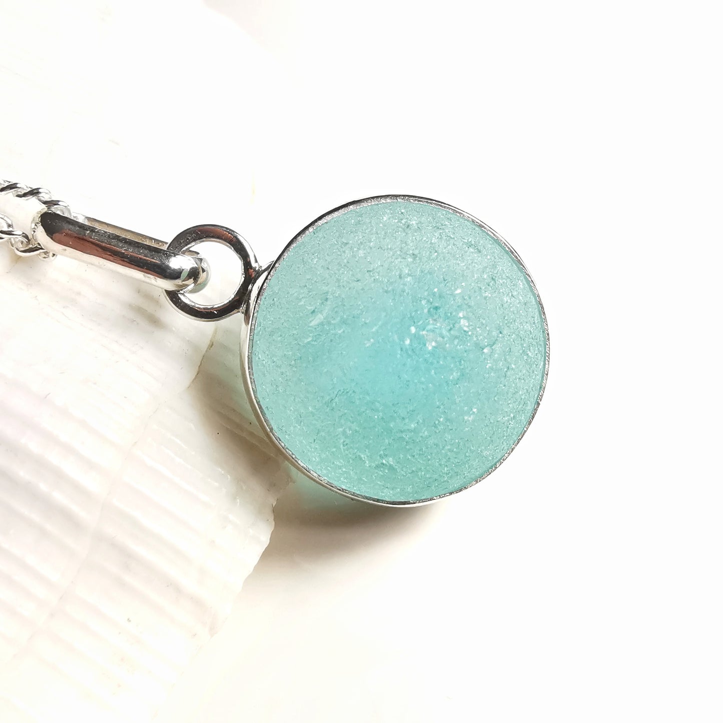 Scottish light aqua blue sea glass marble & sterling silver pendant.