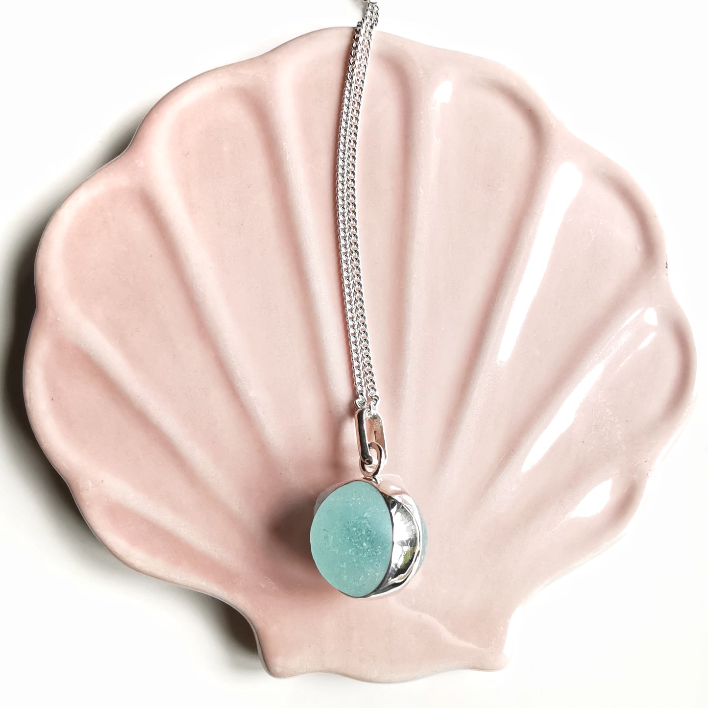 Scottish light aqua blue sea glass marble & sterling silver pendant.