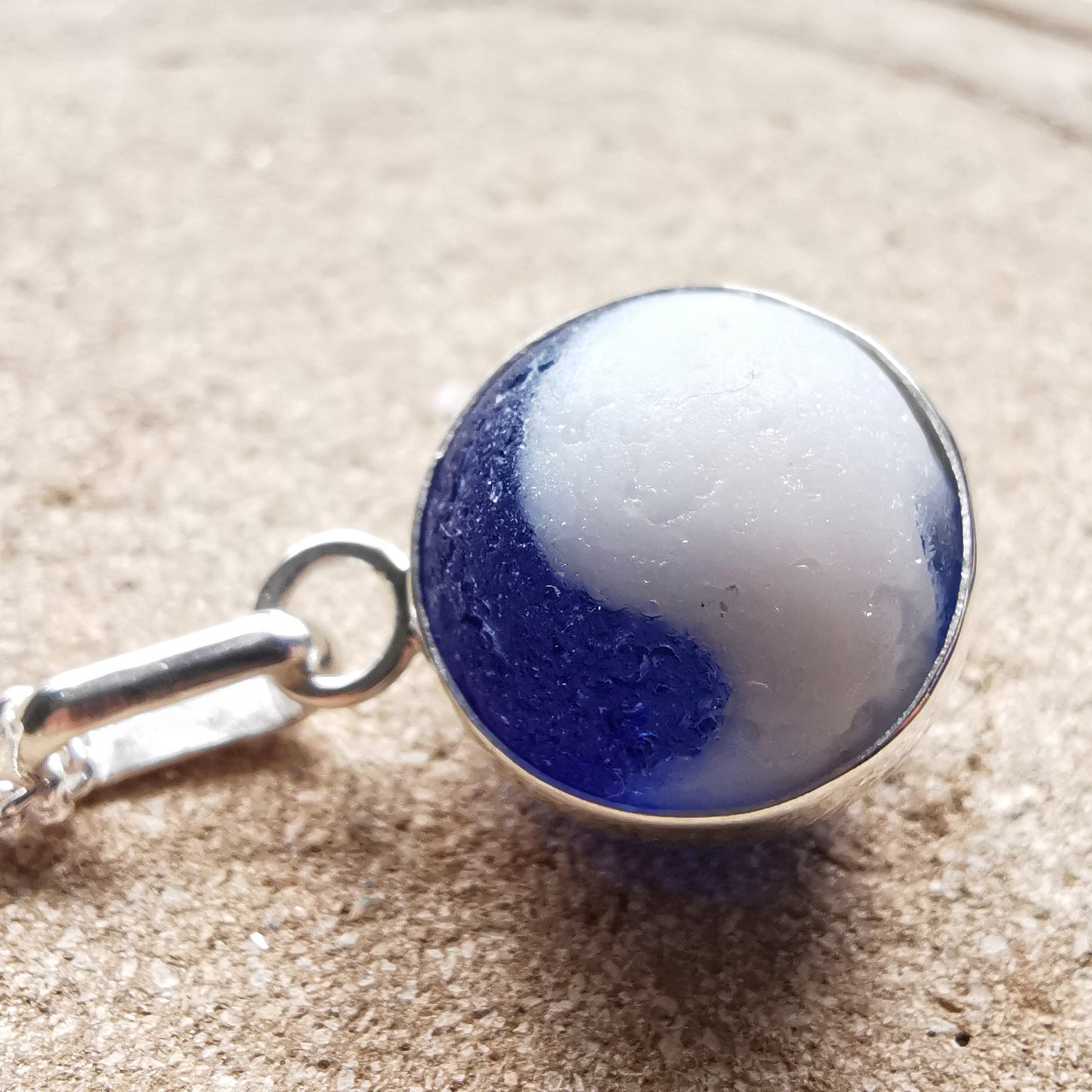 Scottish cobalt blue and white sea glass marble & sterling silver pendant.