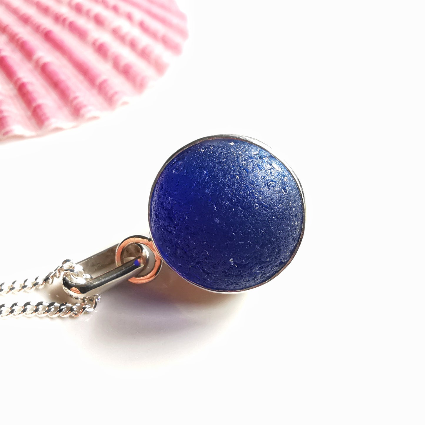 Scottish cobalt blue and white sea glass marble & sterling silver pendant.