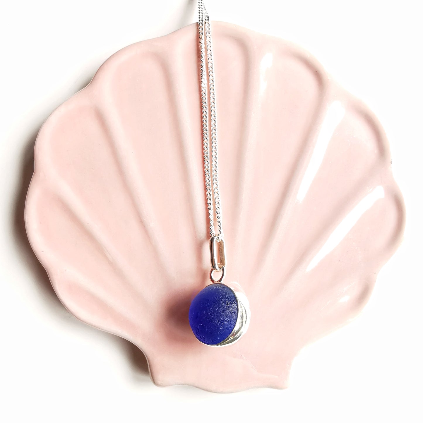 Scottish cobalt blue and white sea glass marble & sterling silver pendant.