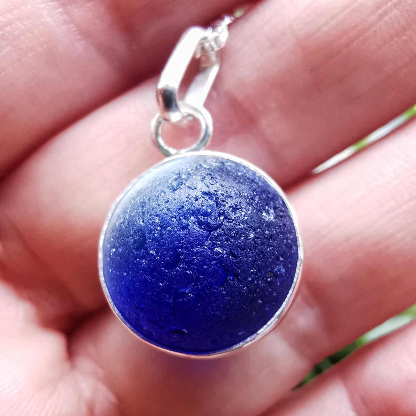 Scottish cobalt blue and white sea glass marble & sterling silver pendant.