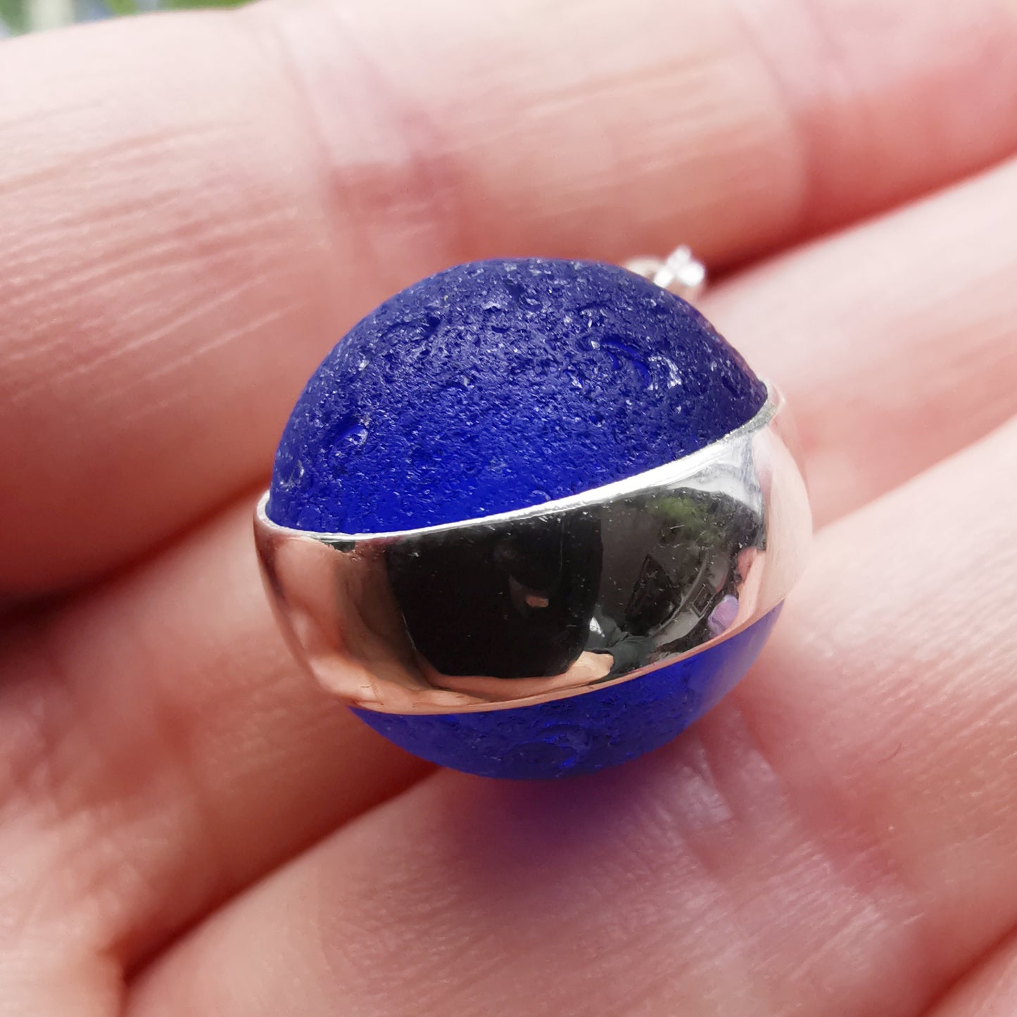 Scottish cobalt blue and white sea glass marble & sterling silver pendant.