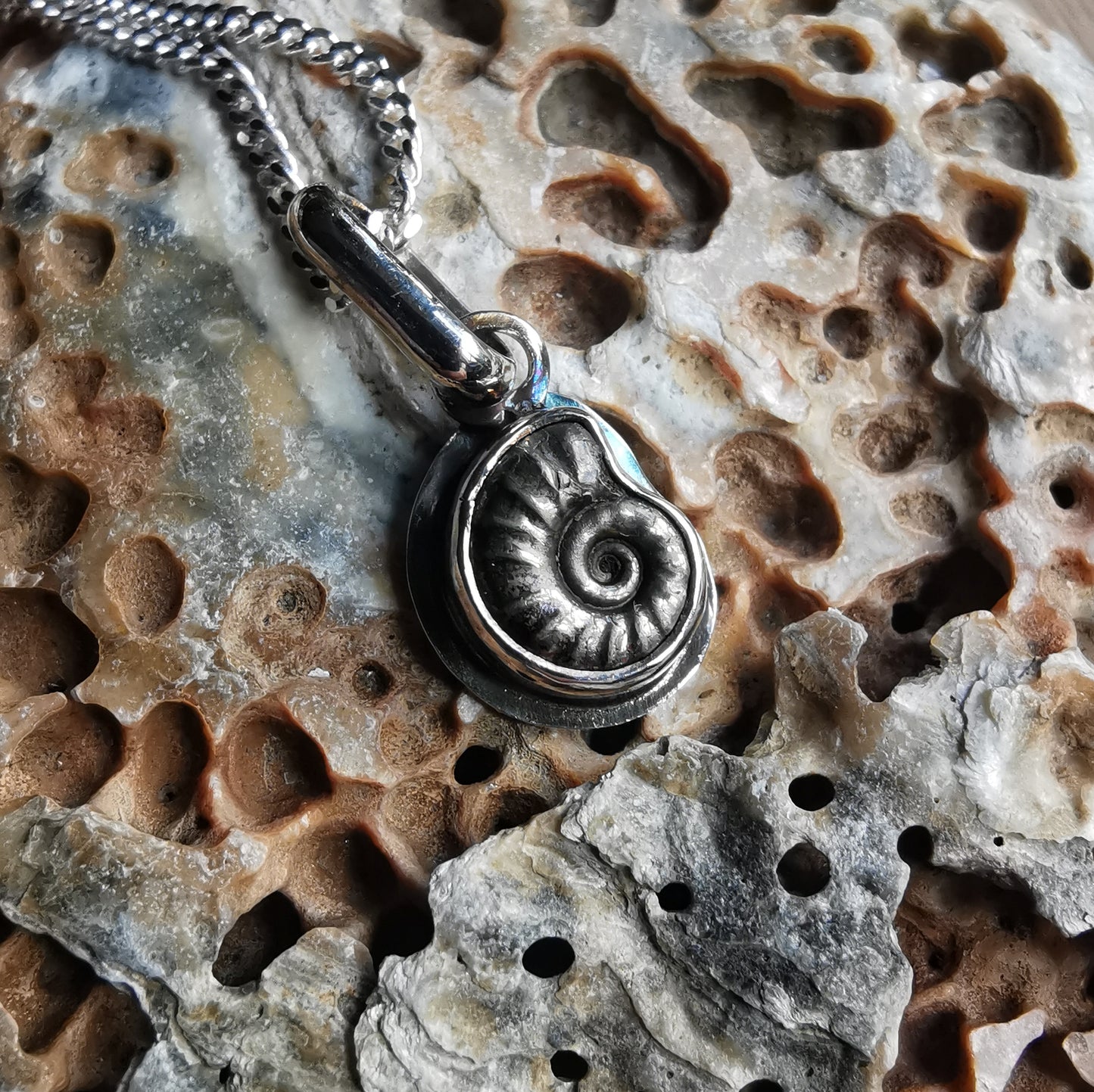 Tiny ammonite fossil & sterling silver pendant.